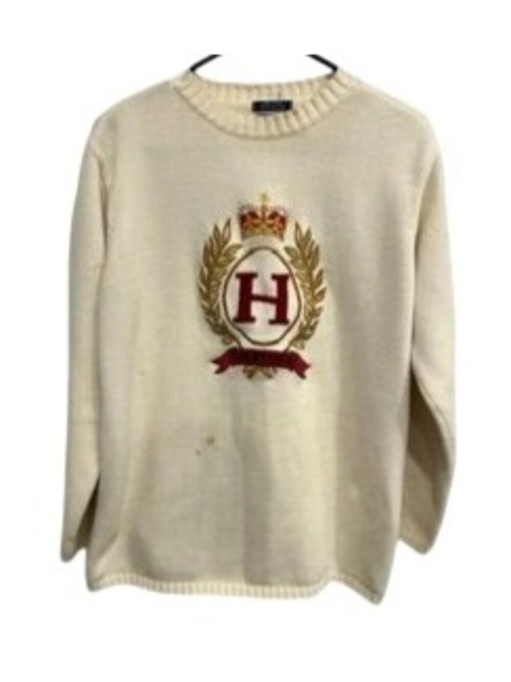 Tommy Hilfiger Medium Cream Knit Sweater Embroidered Crest Cotton Preppy 90s